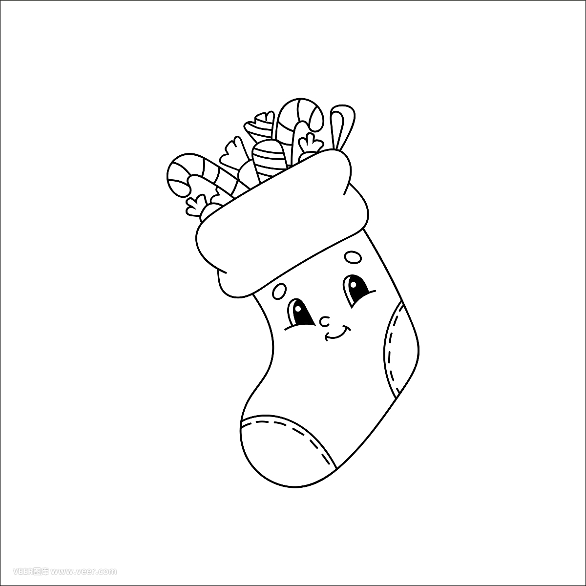 裝有禮物的圣誕襪。兒童涂色書。開朗的性格。矢量插圖。可愛的卡通風格。兒童幻想頁面。黑色的輪廓剪影。孤立在白色背景上。